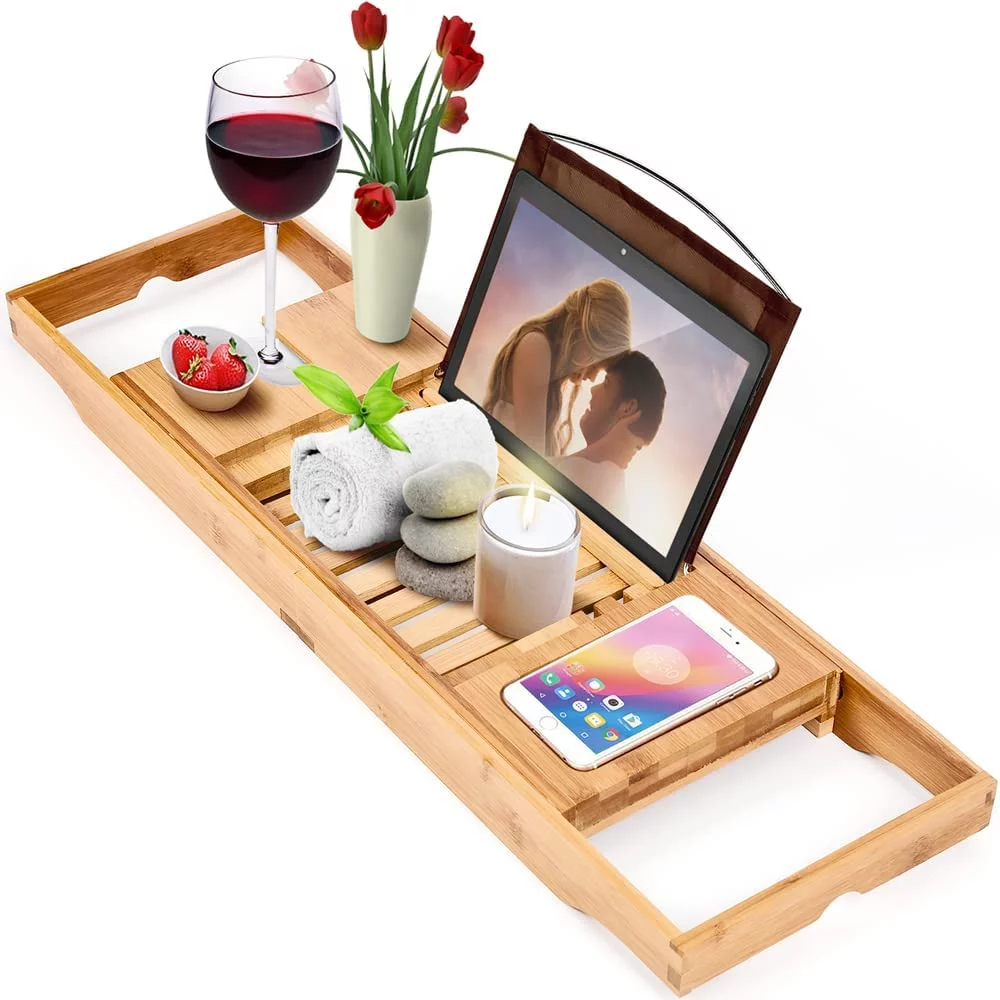 Homemaid Living Bamboo Bathtub Tray - Perfect Expandable Bathtub Caddy with Reading Rack or Tablet Holder - Premium Bath Tray Includes a Wine Glass Holder