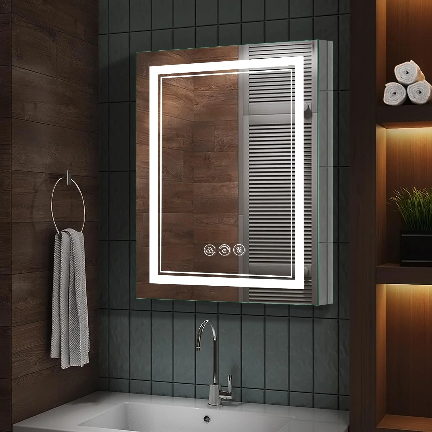 QCAI 2023 New Model Led Medicine Cabinet with Mirror，20 X 26 Inch Bathroom Lighted Medicine Cabient Mirror Lights, Electrical Outlets USB Ports, Recessed Surface Wall Mount,Dimmable, Fog-Free