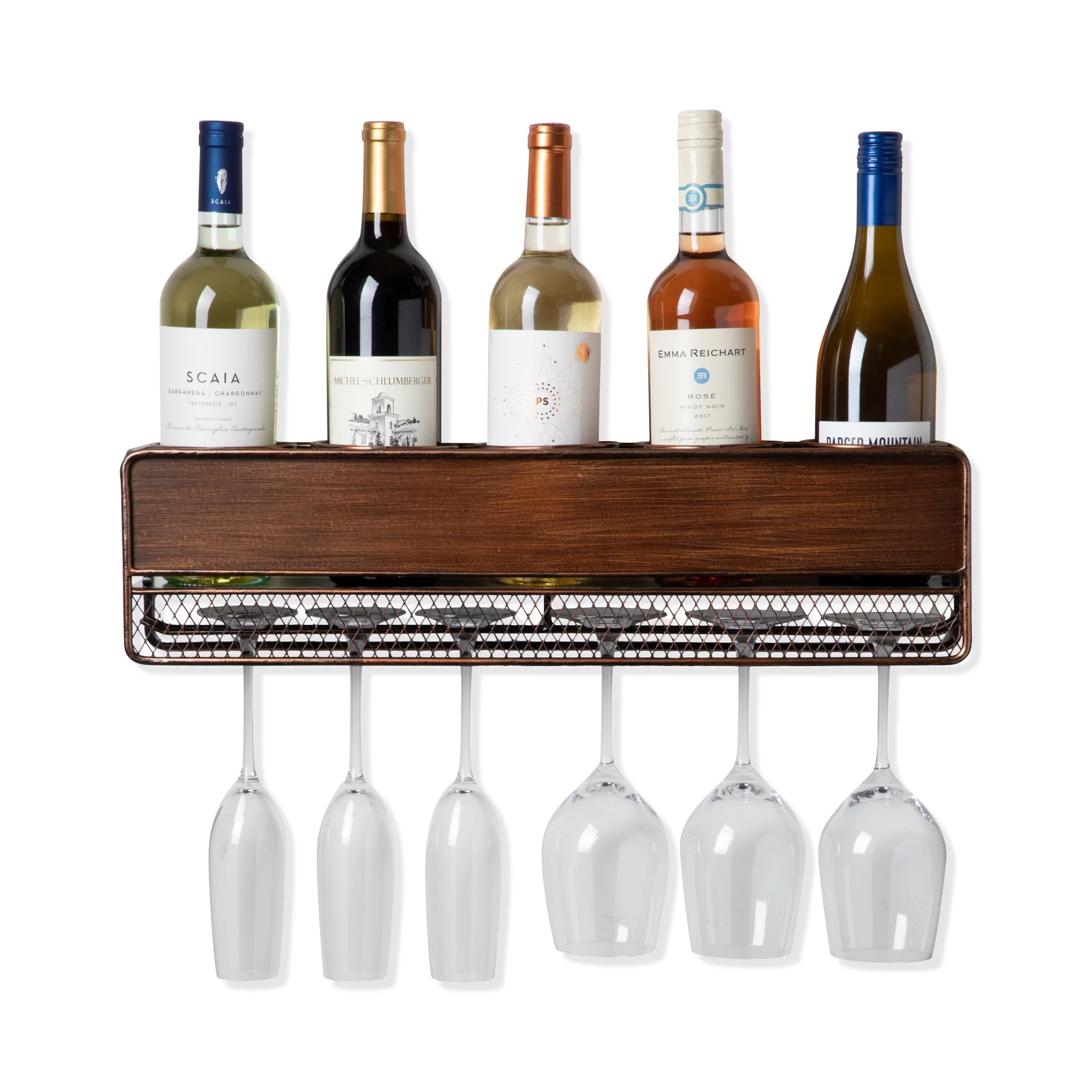 True Wall Mounted Wine Shelf & Stemware Rack, Wooden Wine Rack, Holds 5 Bottles & 6 Wine Glasses