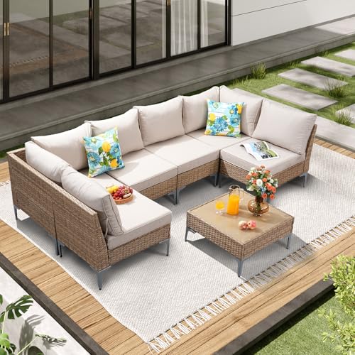 7 Piece Wicker Patio Furniture Set,Outdoor Conversation Sectional Sofa w/Coffee Table,All-Weather Outdoor Sofa with Thick and Anti-Slip Cushions for Deck,Poolside,Garden,Beige