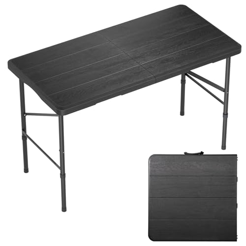 4 Ft Plastic Folding Table,Heavy Duty Portable Table for Indoor & Outdoor,Wood Grain Desktop & 350lbs Weight Capacity,Premium Solutions for Camping,Picnic,BBQ and Party