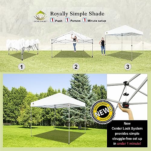 CROWN SHADES 10x10 Pop Up Canopy - Beach Tent with One Push Setup - Easy Outdoor Sun Shade for Events, Parties, Camping - Gazebo with STO-N-Go Cover Bag, Silver Coated Top, White