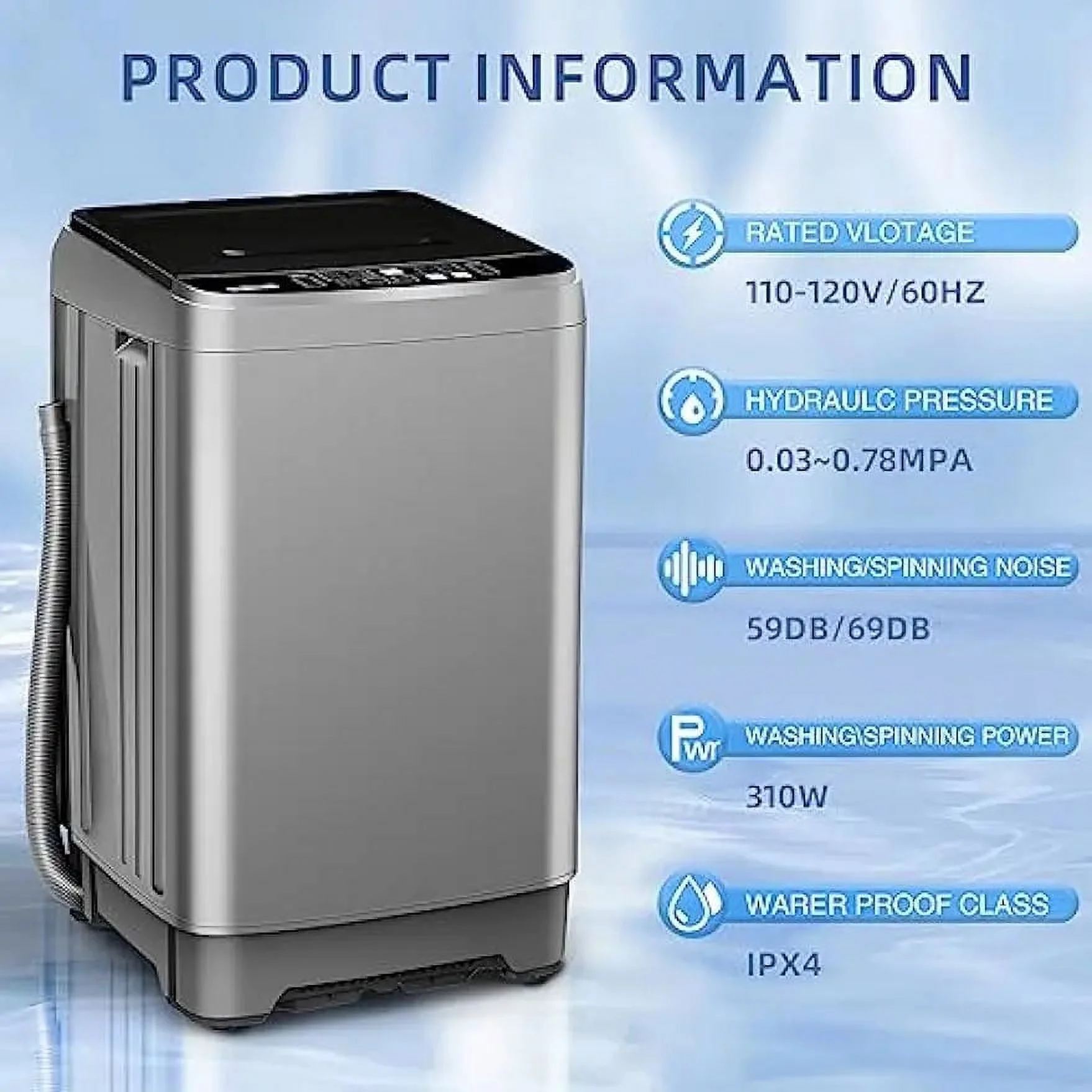 15.6 lbs Top Load Portable Washer with Drain Pump, LED Display with 10 Programs & 8 Water Levels Selections, Ideal for Apartment