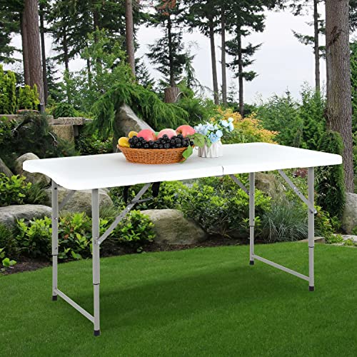 Folding Table 4FT, Plastic Table Height Adjustable Table for Picnic, Camping, Kitchen, Beach, Party, Outdoor Indoor, 47 x 24 x 29 Inch,White