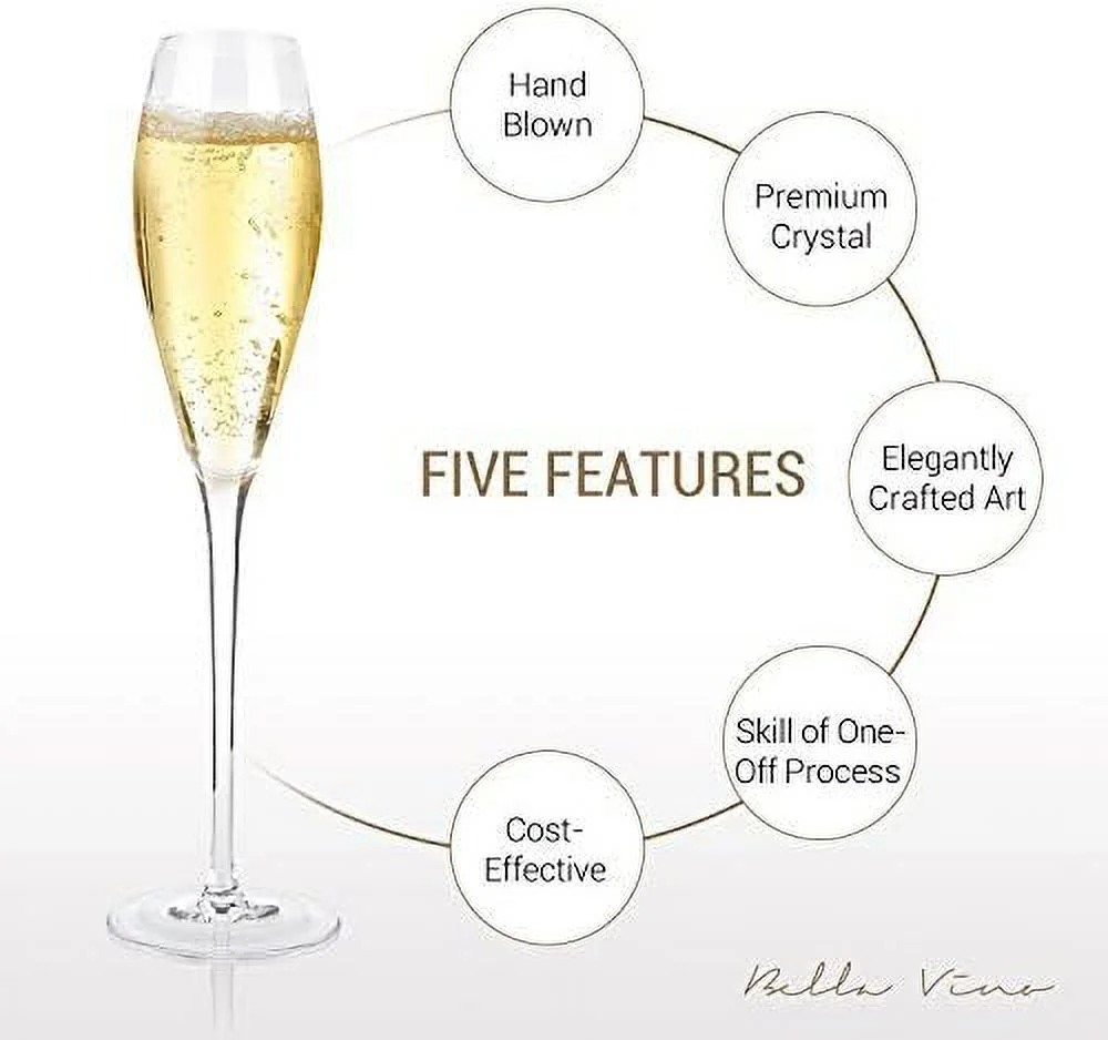 Hand Blown Crystal Champagne Flutes - Standard Champagne Glasses Made From Premium Crystal Glass, Great Gift, 10.5