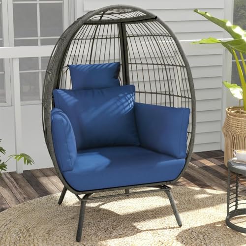 Wicker Egg Chair Outdoor - Patio Chair, Oversized Indoor Outdoor Lounger for Patio,Perfect for Backyard Lounger, & Balcony, Garden, Indoor, Steel Frame (Standing, Blue)