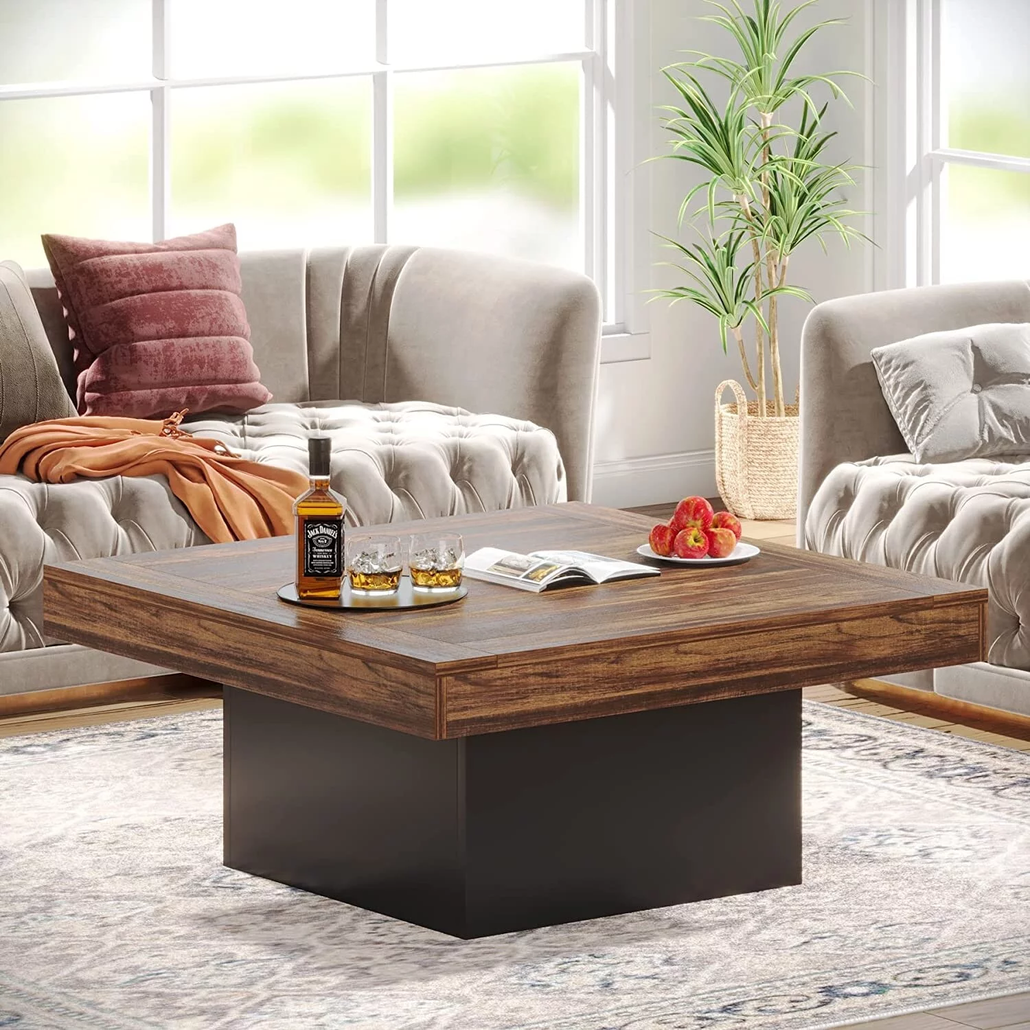 Lee Farmhouse Square LED Coffee Table Engineered Wood Coffee Table for Living Room Brown