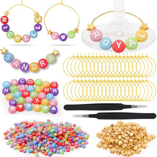 60 Sets DIY Wine Glass Charms – 780 Letter Beads 120 Gold Beads 60 Charm Rings 2 Tweezers, Drink Identifier Charms Wine Glass Marker Tags for Wedding Cocktail Bachelorette Party Decoration (Luminous)