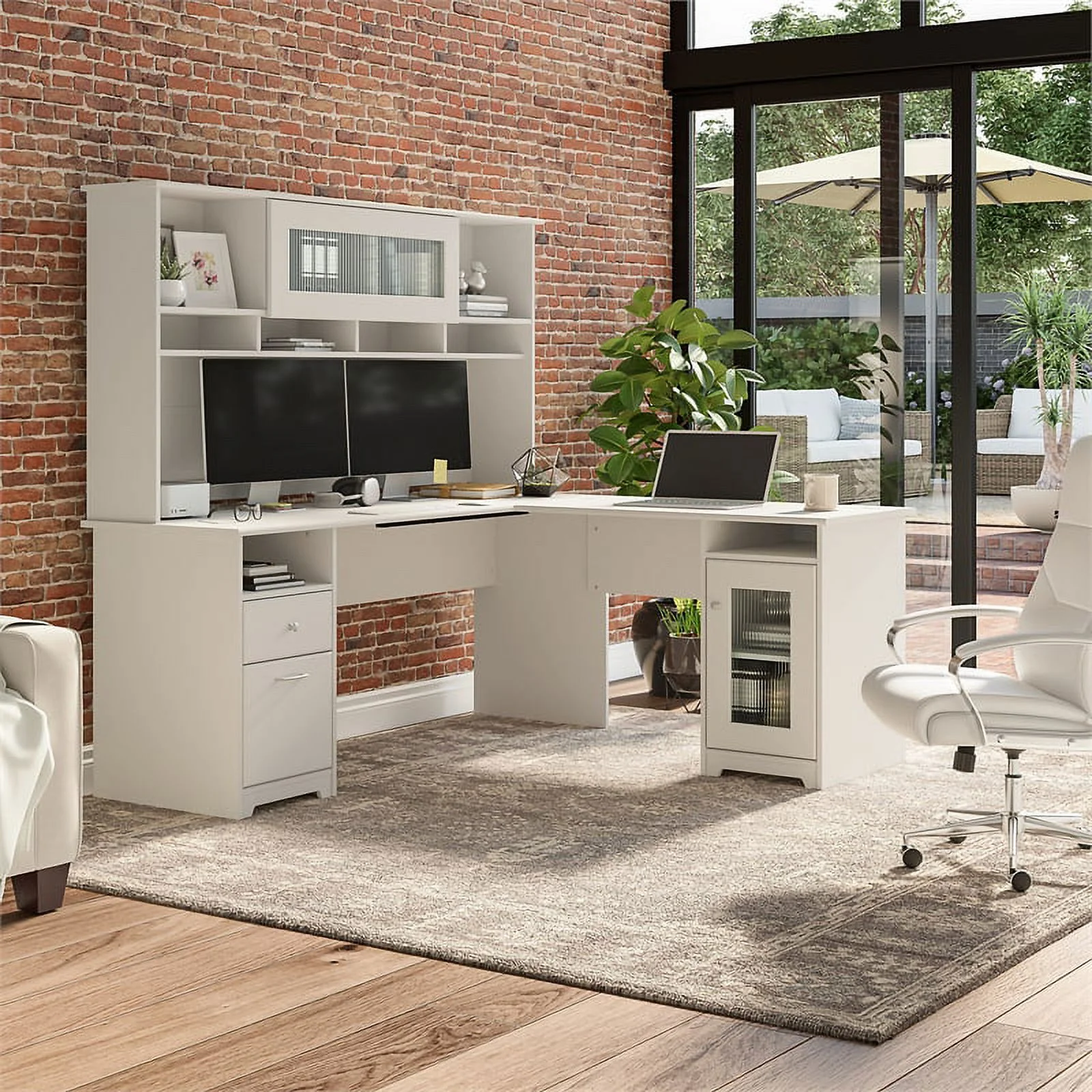 Pemberly Row 72W L Shaped Computer Desk with Hutch in White - Engineered Wood