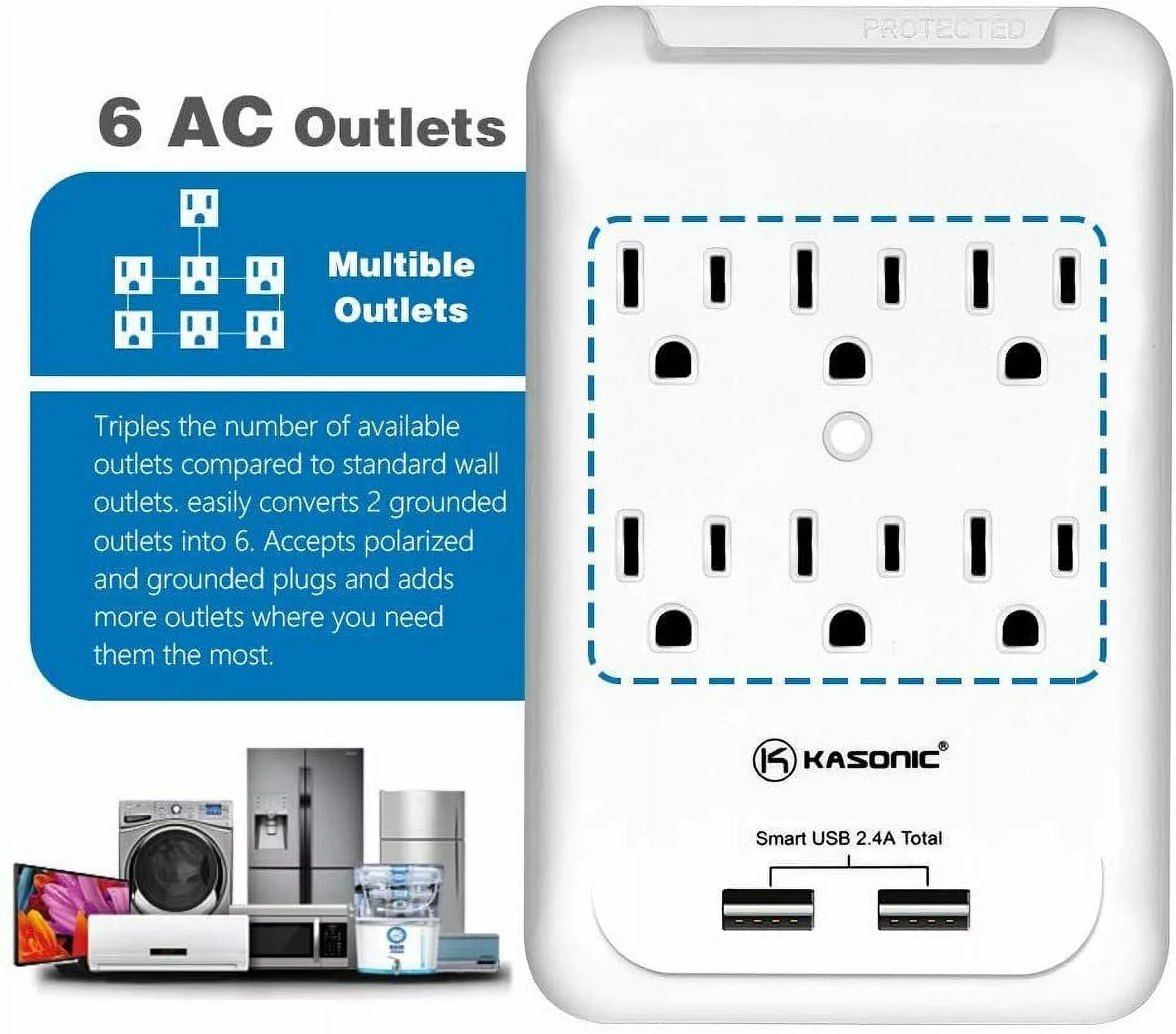 6-Outlet Wall Mount Surge Protector 2 Pack, 900 Joules Power Strip with 2 USB Smart Charging Ports (Total 2.4 Amp), Protection Indicator LED Light, Space Saving Design, ETL Certified
