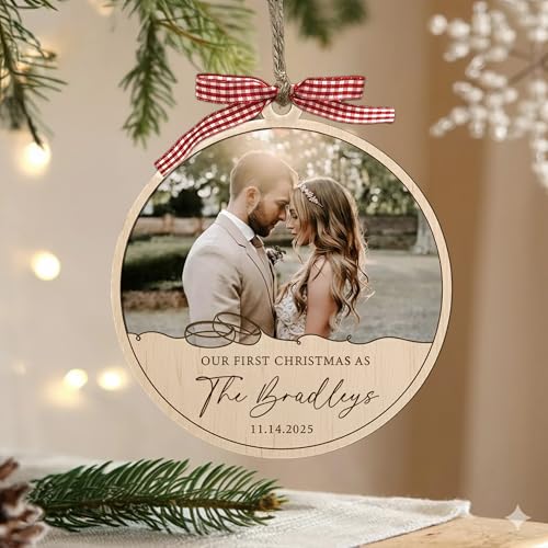 Personalized Photo Our First Christmas Engaged Ornament, Custom Wooden Wedding Christmas Tree Decoration, Custom Engagement Photo Ornament with Couple Names & Date Style 1