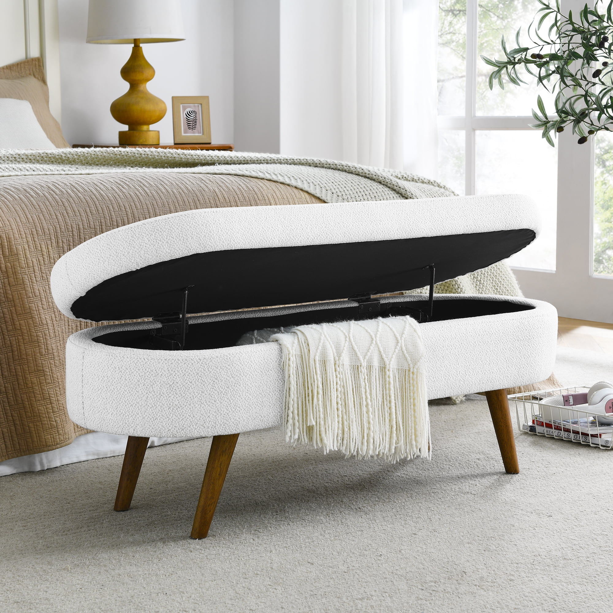 RUXAN Ottoman Oval Storage Bench, Rubber Wood Legs, White（43.5“x16”x16“）