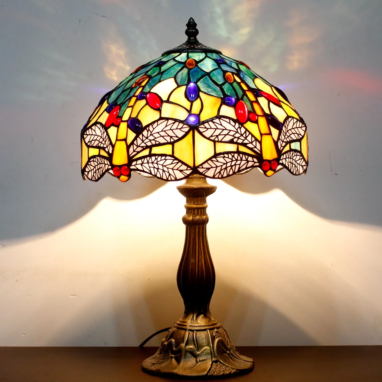 Tiffany Lamp Table Bedside Lamp Sea Blue Yellow Stained Glass Dragonfly Style Antique Nautical Reading Desk Light 18