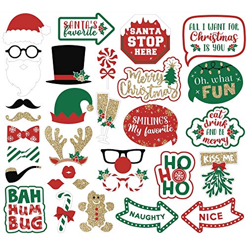 Fully Assembled Christmas Photo Booth Props - Set of 32 - Red, Green, and Gold Selfie Signs - Holiday Party Supplies & Decorations - Cute Xmas Designs with Real Glitter - Did We Mention No DIY