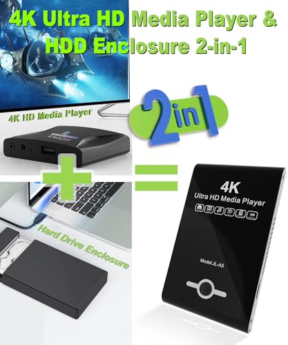 4K Ultra HD Media Player & HDD Enclosure 2-in-1 - Play H.265/HEVC H.264/AVC MP4 MKV Videos MP3 Music JPG Photos, 4K 60fps HDMI, Analog AV Etc,Supports 2