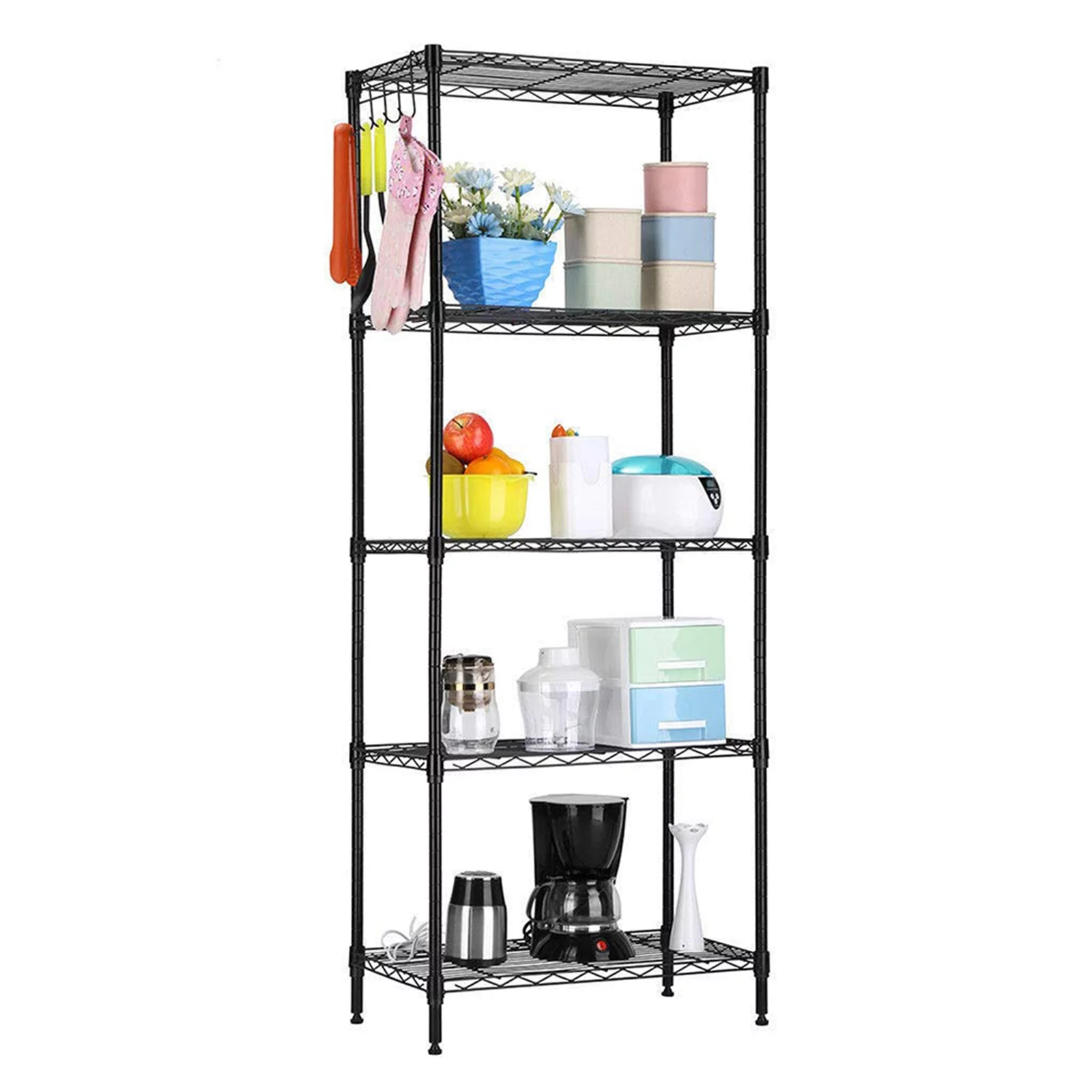 5-Shelf Shelving Storage Unit Metal Shelving Wire Rack Kitchen Storage Shelf Rack For Garage Shelf Kitchen Appliance Storage Changeable Assembly Floor Standing Carbon Steel Storage Rack Black