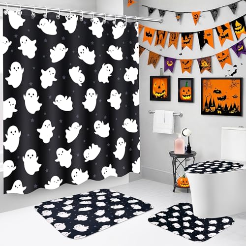 4Pcs Christmas Shower Curtain Set - Merry Christmas Bathroom Set Holiday Shower Curtain with Non-Slip Rugs, Toilet Lid Cover and Bath Mat