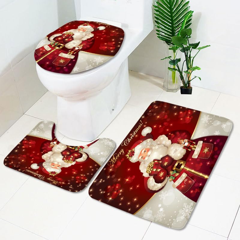 Christmas Bathroom Rugs Sets 3 Piece Santa Toilet Seat Cover Washable Non Slip Mat Bathroom Doormat Toilet Seat Cover U Shaped Floor Mat for Christmas Decoration