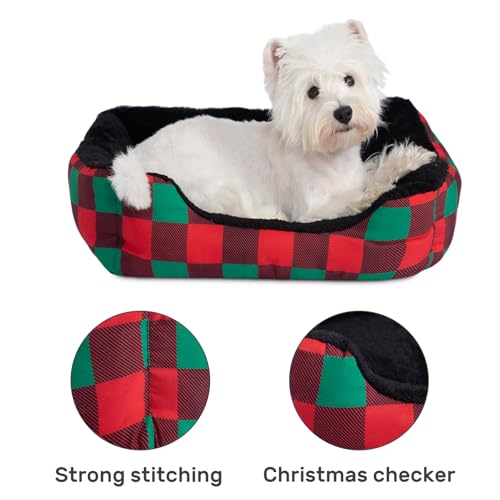 Hollypet Printed Flannel Rectangle Plush Dog Cat Bed Self-Warming Pet Bed, Christmas Red and Green Check