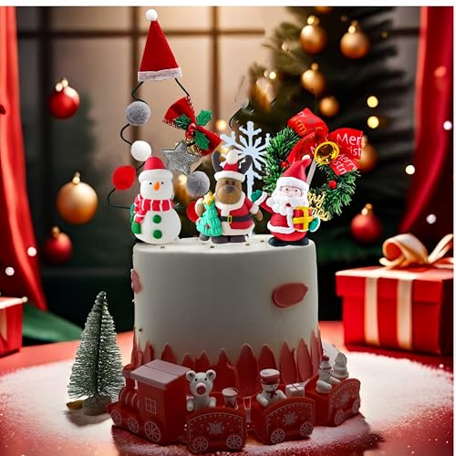Merry Christmas Cake Toppers with Craft Tree, Snowman Cake Decorations