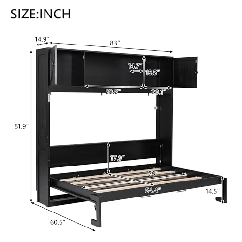 SOFTSEA Full Horizontal Murphy Bed with Shelves, Farmhouse Murphy Wall Bed with Storage Bookcase for Small Spaces, Living Room, Guest Room, Bedroom, Home Office, Black