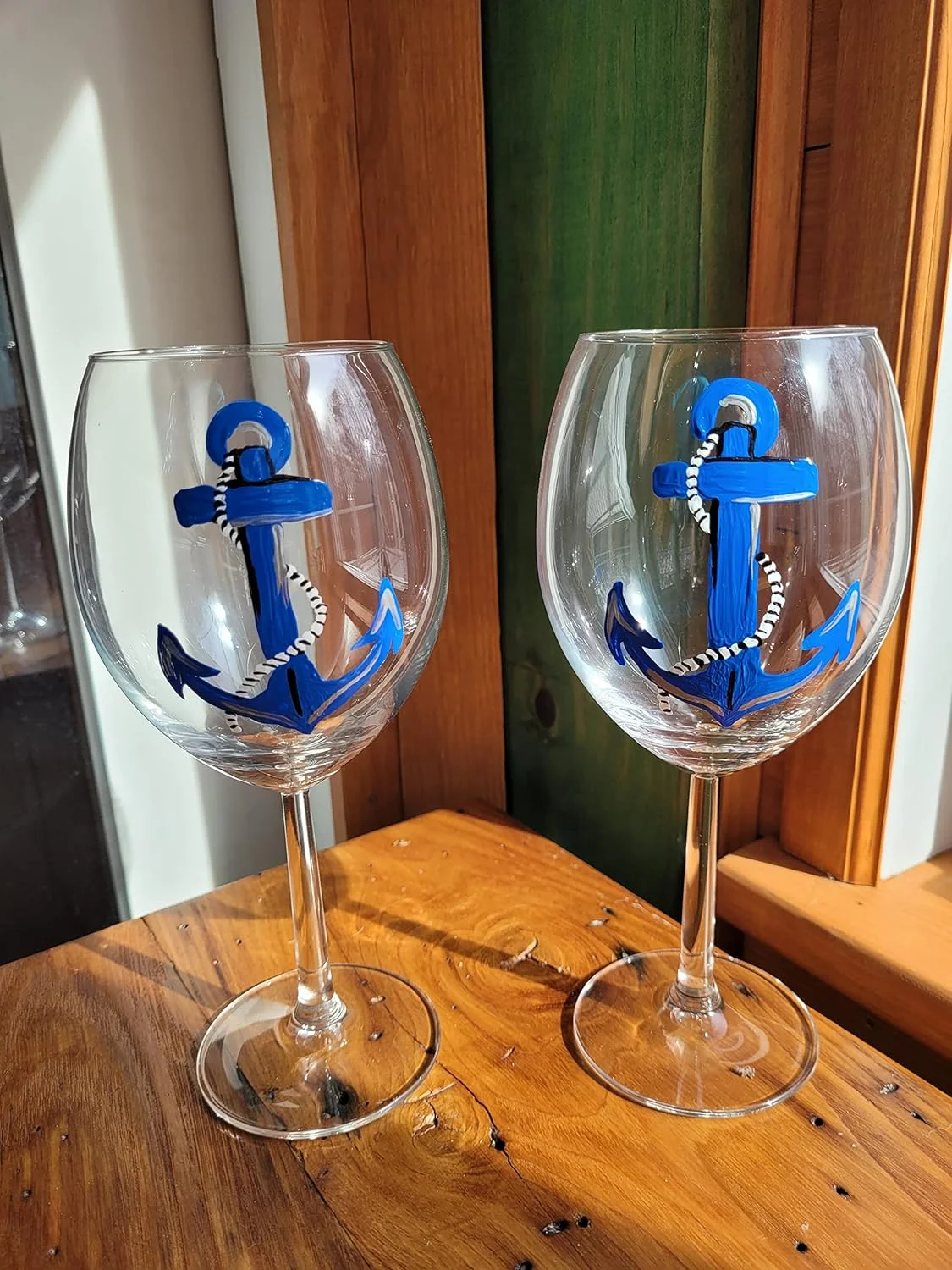 Blue Anchor Hand Painted Set Of 2 Stemmed Wine Glasses Nautical Decor