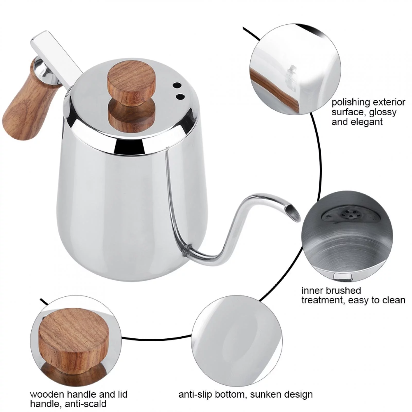Drip Coffee Pot, Stainless Steel Coffee Pot with Long Gooseneck Spout Kettle (350ml) Modern Water Pot with Ventilation Holes on Lid