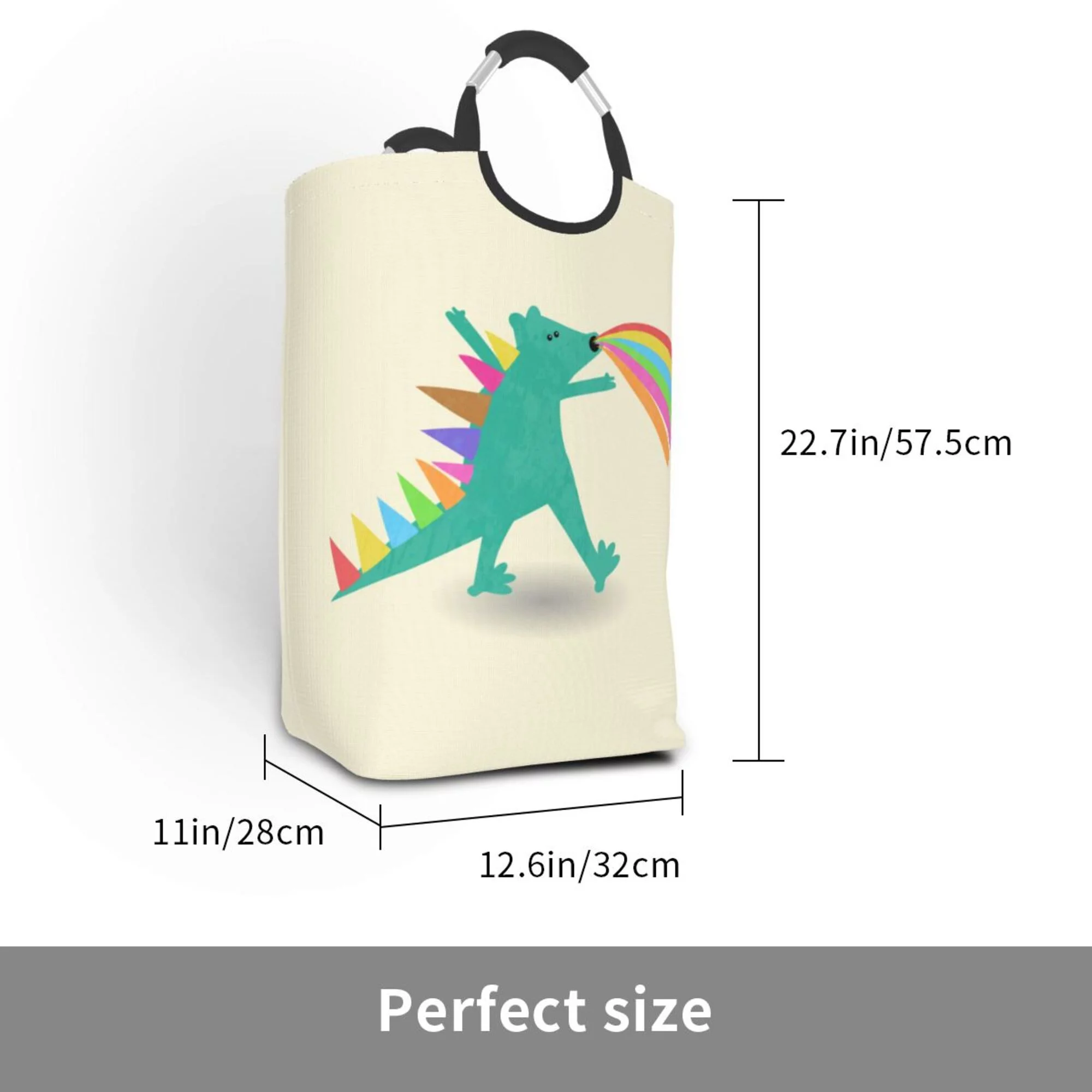TEQUAN 50L Large Rectangular Laundry Hamper with Aluminum Handles, Funny Beast Dinosaur Prints Waterproof Foldable Dirty Clothes Basket