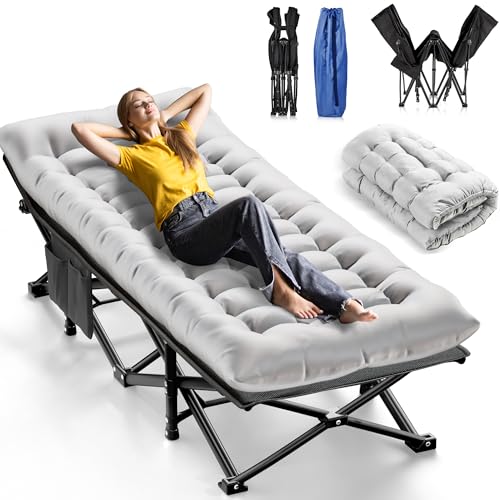 Camping Cots for Adults, Upgraded Folding Camping Cot Heavy Duty Deluxe Size Sleeping Cots Bed 1200D Double Layer Oxford Camping Cot Mattress Portable cot Bed for Home Beach Travel, 550LBS