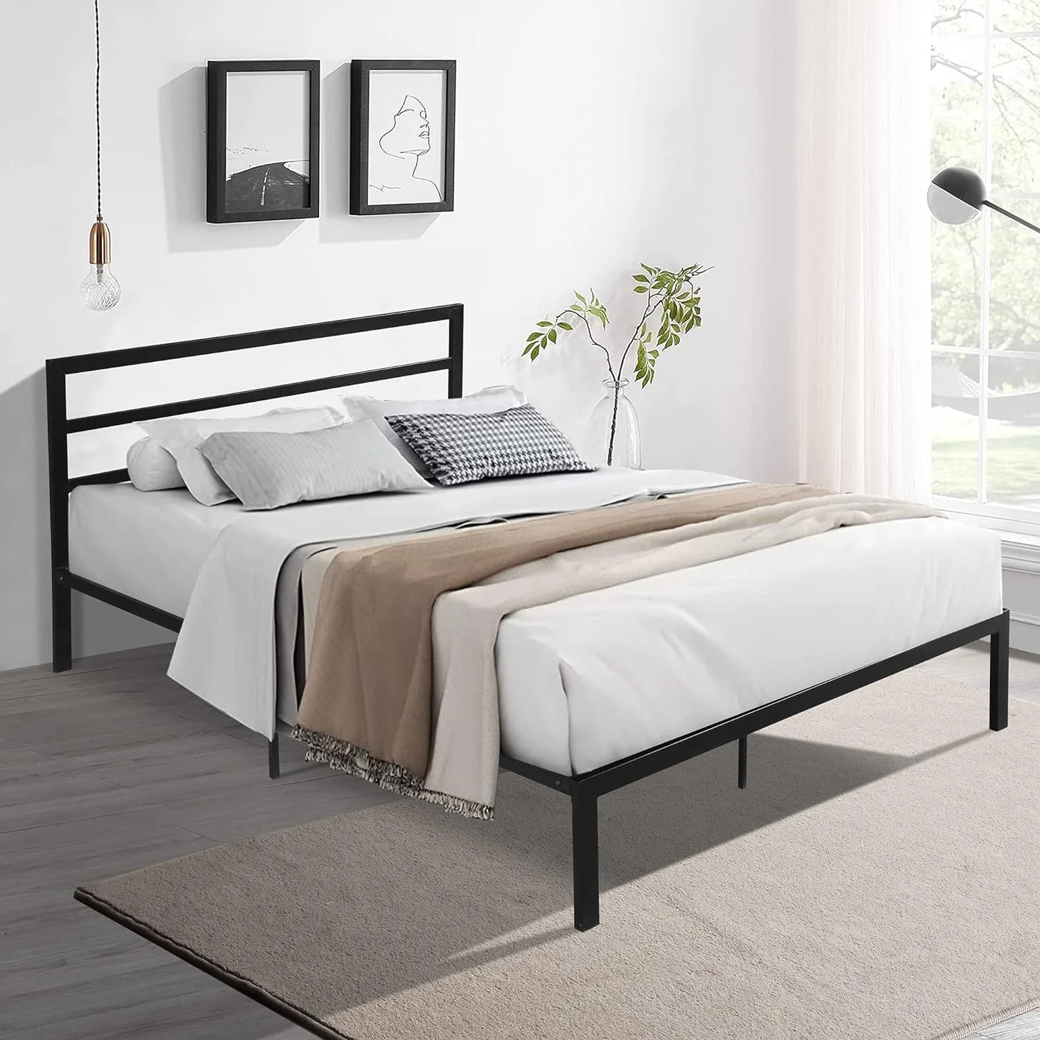 Quee Size Metal Platform Bed With Headboard Charcoal, Moder Metal Platform Beds Quee With Support Slats For Bedroom Oe Year Warraty (Black)