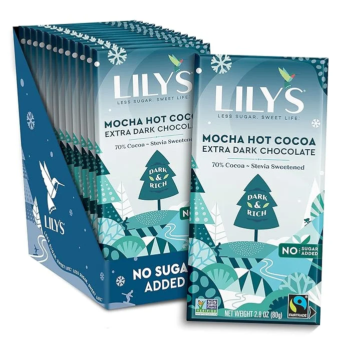 Mocha Hot Cocoa Chocolate Style Bar by Lily's Sweets | Stevia Sweetened, No Added Sugar, Low-Carb, Keto-Friendly | 70% Cocoa | Fair Trade, Gluten-Free & Non-GMO | 2.8 ounce, 12-Pack…