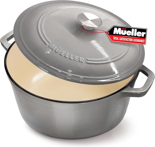 Mueller 6qt Enameled Cast Iron Dutch Oven, Heavy-Duty Casserole and Braiser Pan with Lid and Knob, Oven-Safe up to 500° F & Across All Cooktops, White