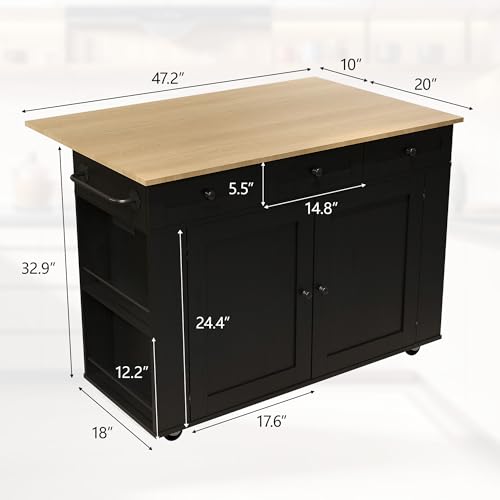 GarveeHome Rolling Kitchen Island Cart with Power Outlet & Drop Leaf, Kitchen Storage Cabinet On Wheels with 3 Drawers, Spice Rack & Towel Rack, Mobile Island Table for Kitchen, Black