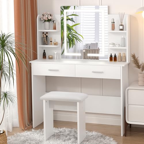 SMOOL Vanity Desk with Lighted Mirror - Makeup Vanity Table with 3 Color Light Options Adjustable Brightness, Vanity with 6 Storage Shelves, 2 Large Drawers, Vanity Set for Girls Women, White