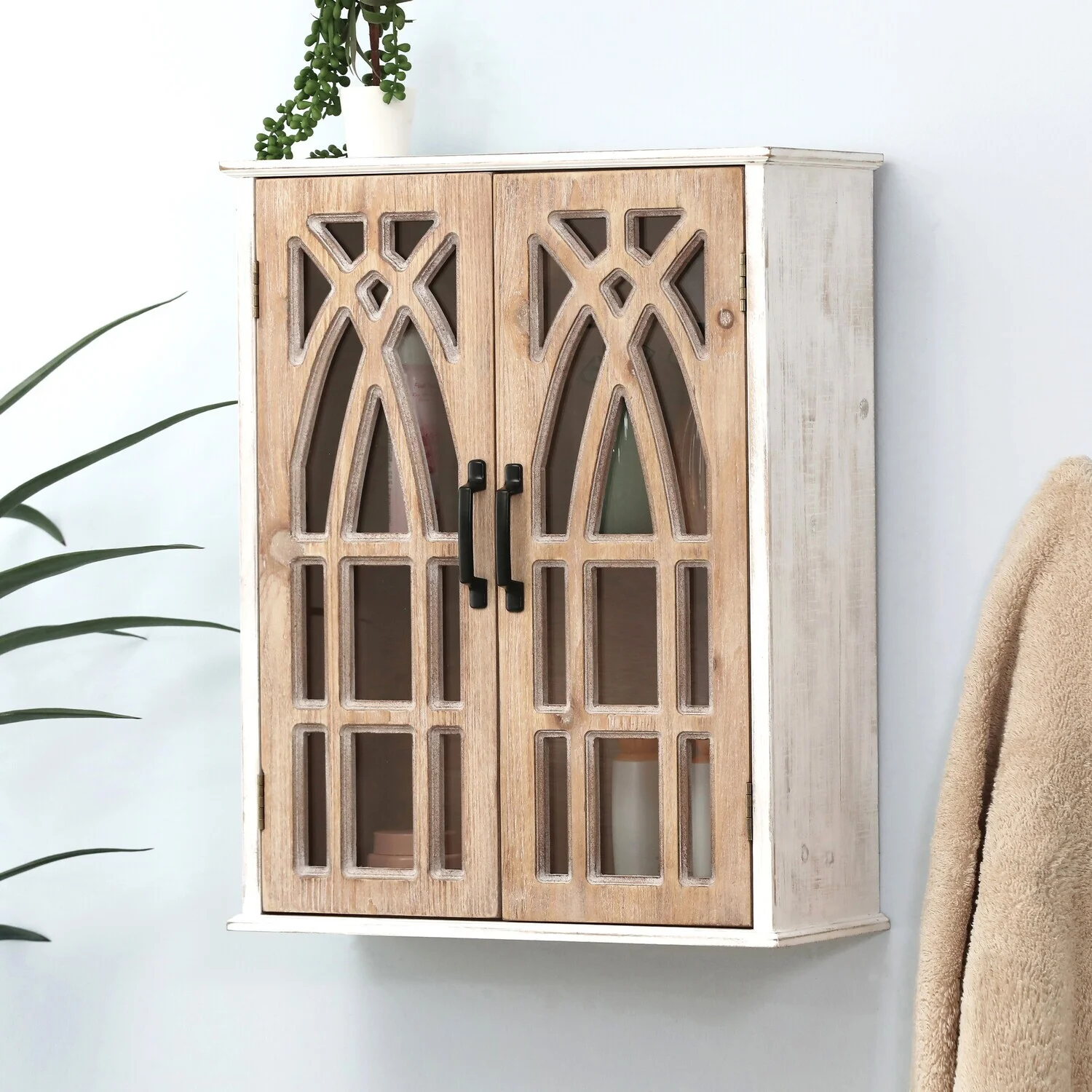 HomeStock Southwestern Style White And Natural Mdf Wood Cathedral-Style 2-Door Wall Cabinet