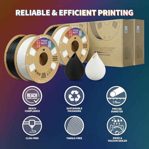 OVERTURE PLA Filament 1.75mm PLA 3D Printer Filament, 2kg Cardboard Spool (4.4lbs), Dimensional Accuracy +/- 0.02mm, Fit Most FDM Printer (Black 2-Pack)