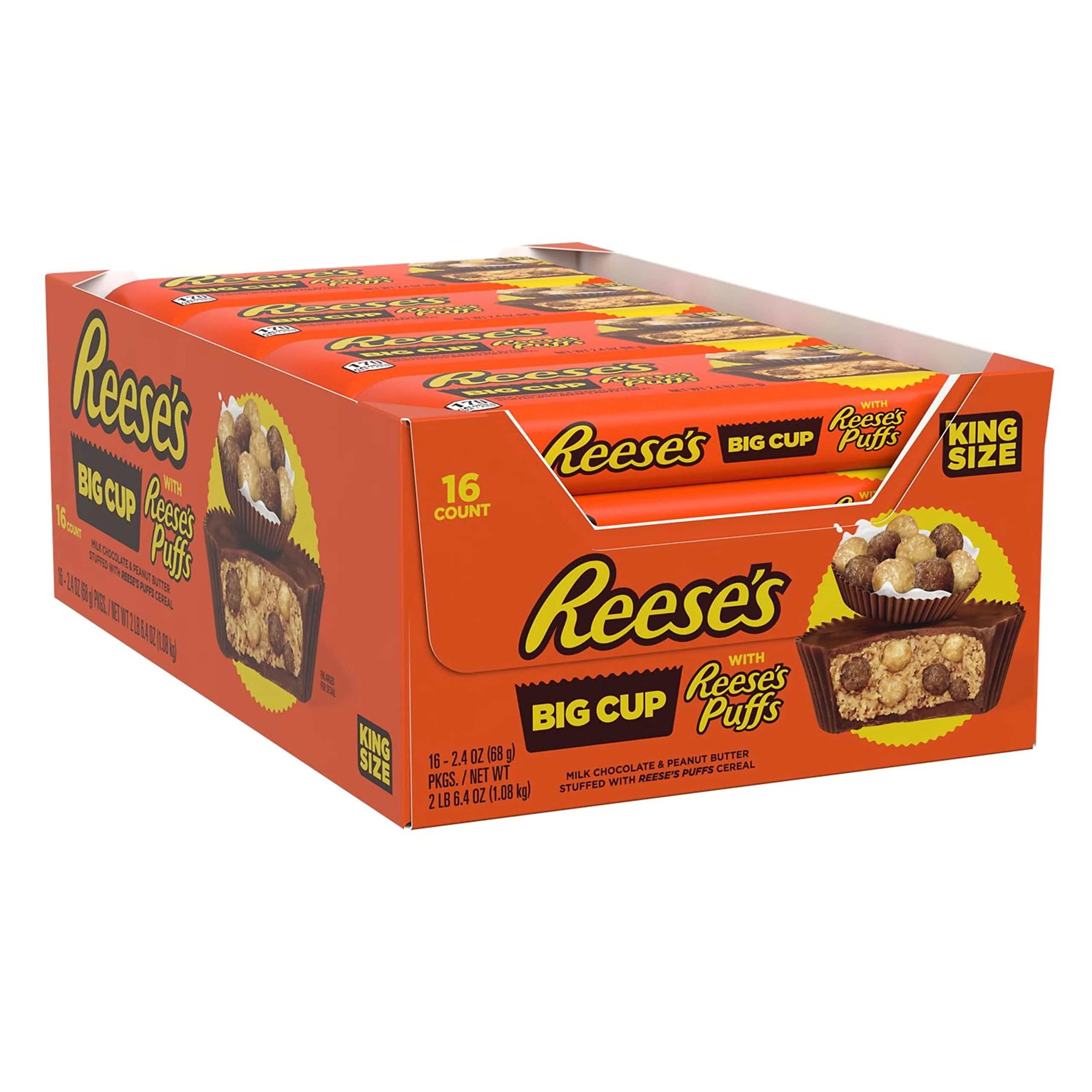Reese,S Big Cup With Puffs Cereal Milk Chocolate King Size Peanut Butter Cups, Candy Packs, 2.4 Oz (16 Count)