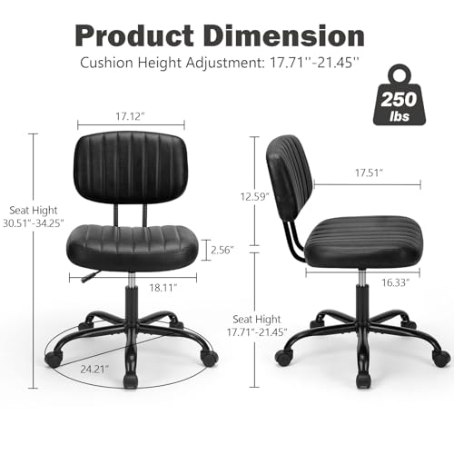 DUMOS Armless Small Home Office Desk Chair - Vanity Task Chair with Low Back, Height Adjustable PU Leather Swivel Computer Chair with 360° Rolling Wheels, Deep Brown