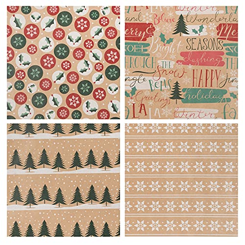 RUSPEPA Christmas Kraft Wrapping Paper - Owl, Reindeer, Christmas Ball and Text Design - 4 Rolls - 30 inches x 10 feet per Roll