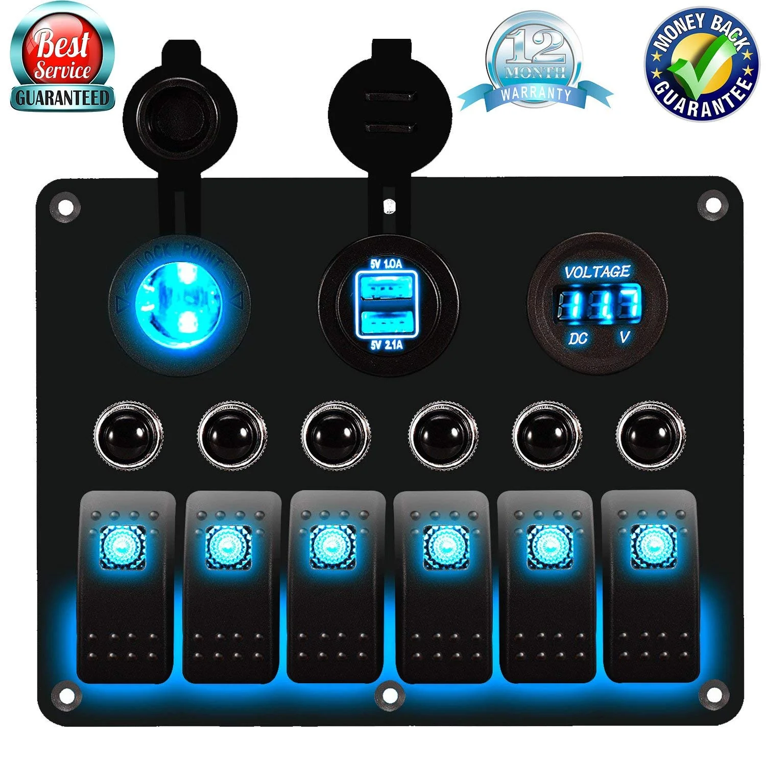 6 Gang Circuit LED Car Marine Boat Rocker Switch Panel Dual USB Waterproof Power Socket Breaker Voltmeter Overload Protection -Blue