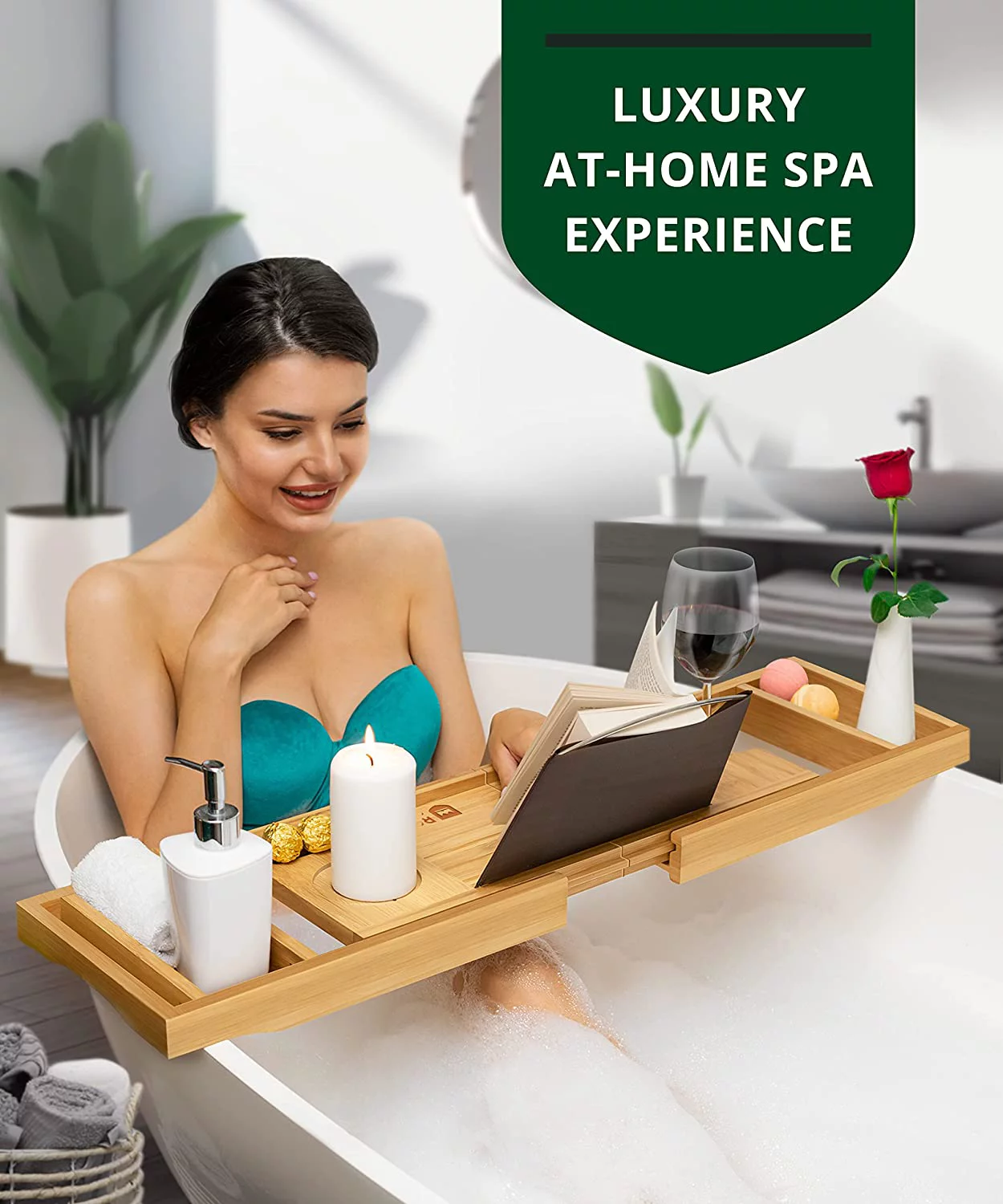 𝐋𝐮𝐱𝐮𝐫𝐲 Foldable Bathtub Caddy Tray, Bamboo Bath Caddy Natural Bathtub Tray Expandable, Bath Tub Table Caddy with Extending Sides SPA Bath Shelf - ROYAL CRAFT WOOD