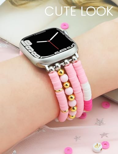 JR.DM Christmas Holiday Watch Band Compitable with Apple Watch 40mm 38mm 41mm 44mm 42mm 45mm 46mm Women Cute Handmade Beaded Stretch Elastic Strap Replacement for iWatch Series 10/9/8/7/SE/6/5/4/3/2/1