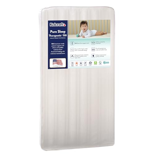 Kolcraft Pure Sleep Therapeutic Breathable Crib Mattress plus Toddler Bed Fit, GREENGUARD GOLD Certified, Made in USA, 150 Extra Firm Posture Support Coils, Non Toxic, Safety & Quality Tested, 52