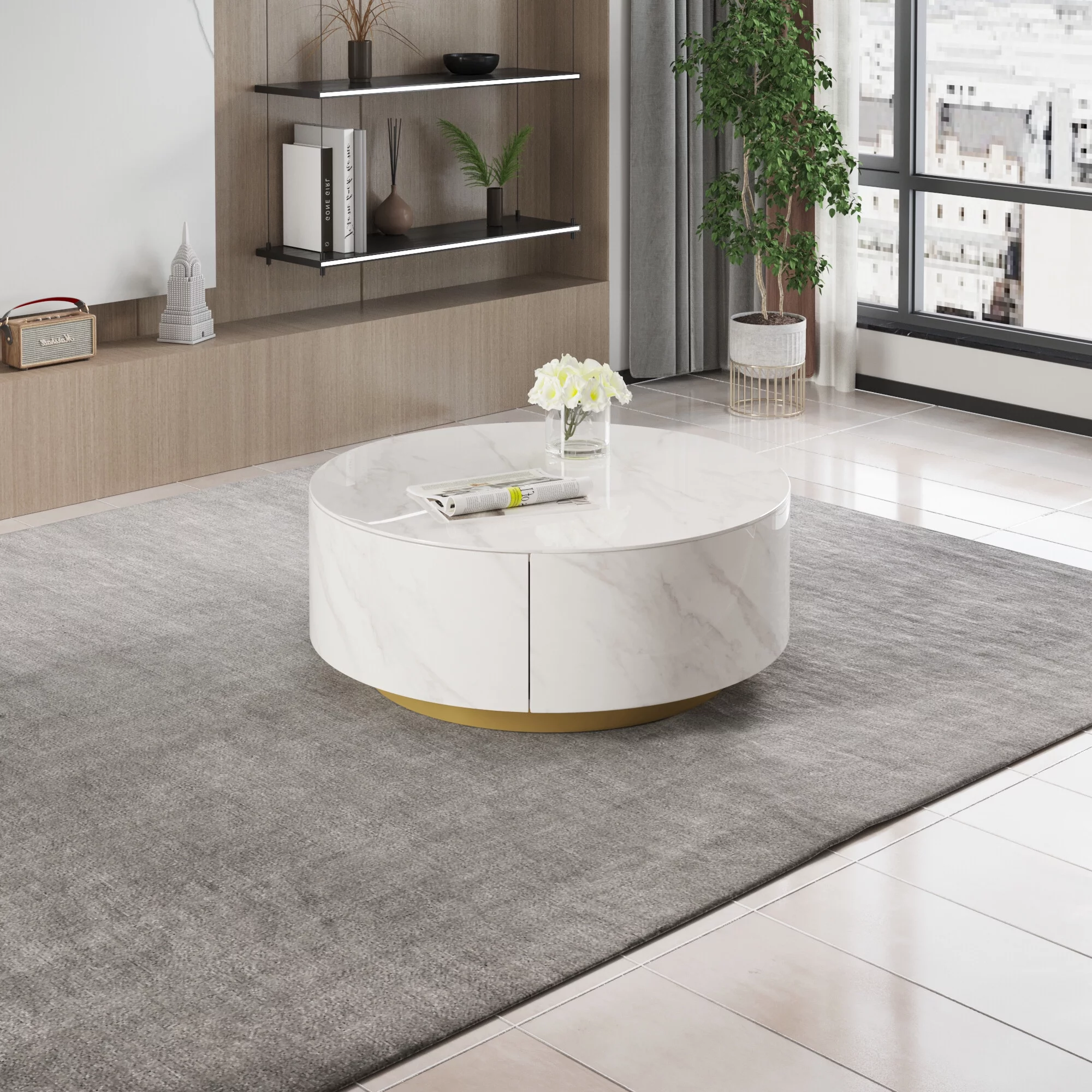 Magic Home Modern Round Coffee Table with Two Drawers,Circle Coffee Table Space-Saving Multiple Purpose for Living Room,dining room and home office,White