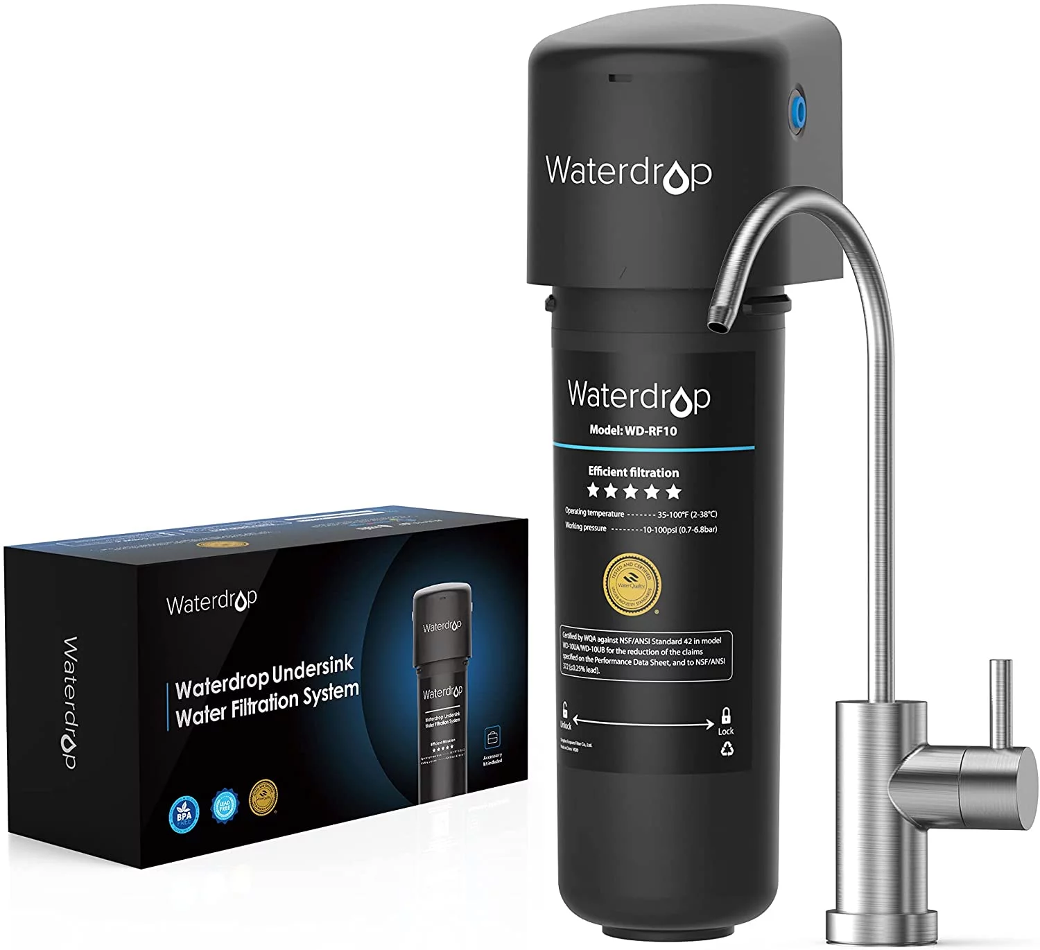 Waterdrop 10UB Under Sink Water Filter System with Dedicated Brushed Nickel Faucet, 8K High Capacity Drinking Water Filtration System, Reduce Chlorine