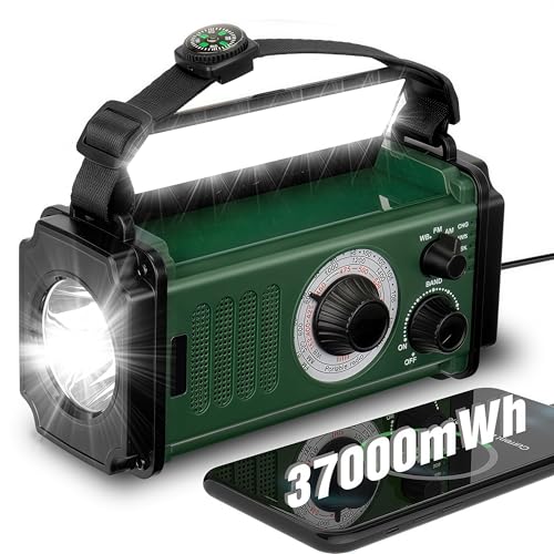 Emergency Radio,37000mWh Hand Crank Radio, Solar, NOAA/AM/FM Weather, 4 Charging Methods, Polymer Battery, Flashlight & Reading Lamp, SOS Alarm, Camping Compass,Outdoors Mobile Power Bank
