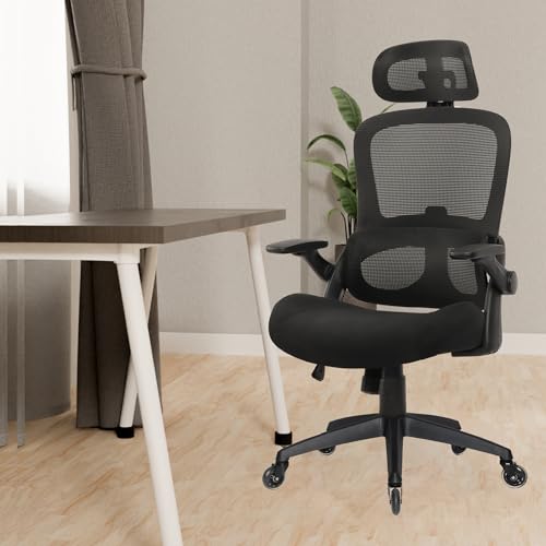 Ergonomic Mesh Office Chair, High Back Desk Chair with Up&Down Lumbar Support, 3D Armrests and 2D Headrest, Wide Memory Foam Seat, Swivel Computer Chair, Tilt Function (Black)