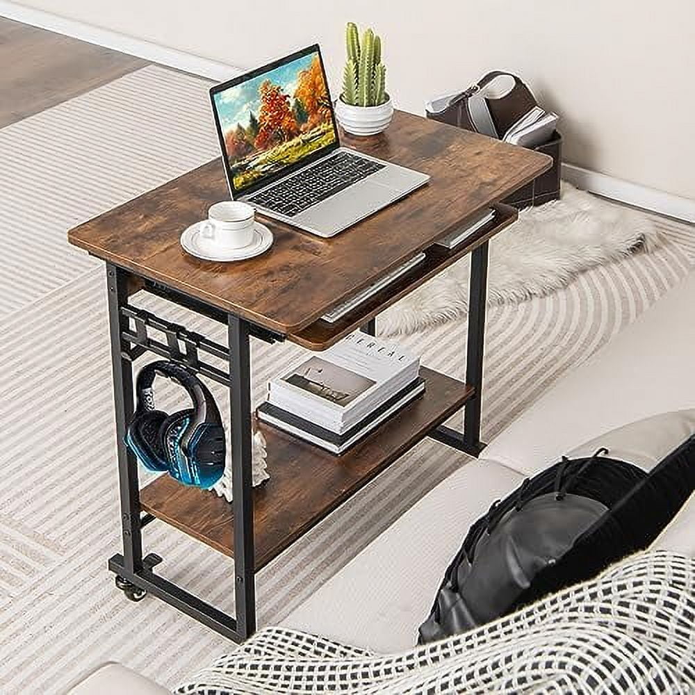 HOOMZNB Rolling Computer Desk with Keyboard Tray  Mobile Desk Cart on Wheels for Sofa  Portable Laptop Cart with   & 3 Hooks  Home Office Desk for Couch Bedside  Desk for Small Spaces