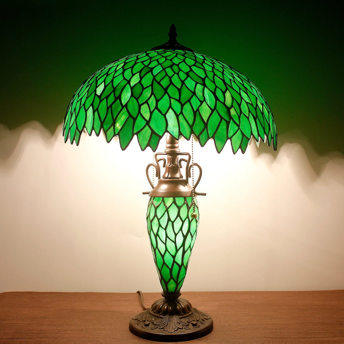 Tiffany Style Table Lamp W16H24 Inch Tall Green Stained Glass Wisteria Lampshade Antique Night Light Base S523  LAMPS Lover Living Room Bedroom Office Study Reading Desk Nightstand Art Gifts