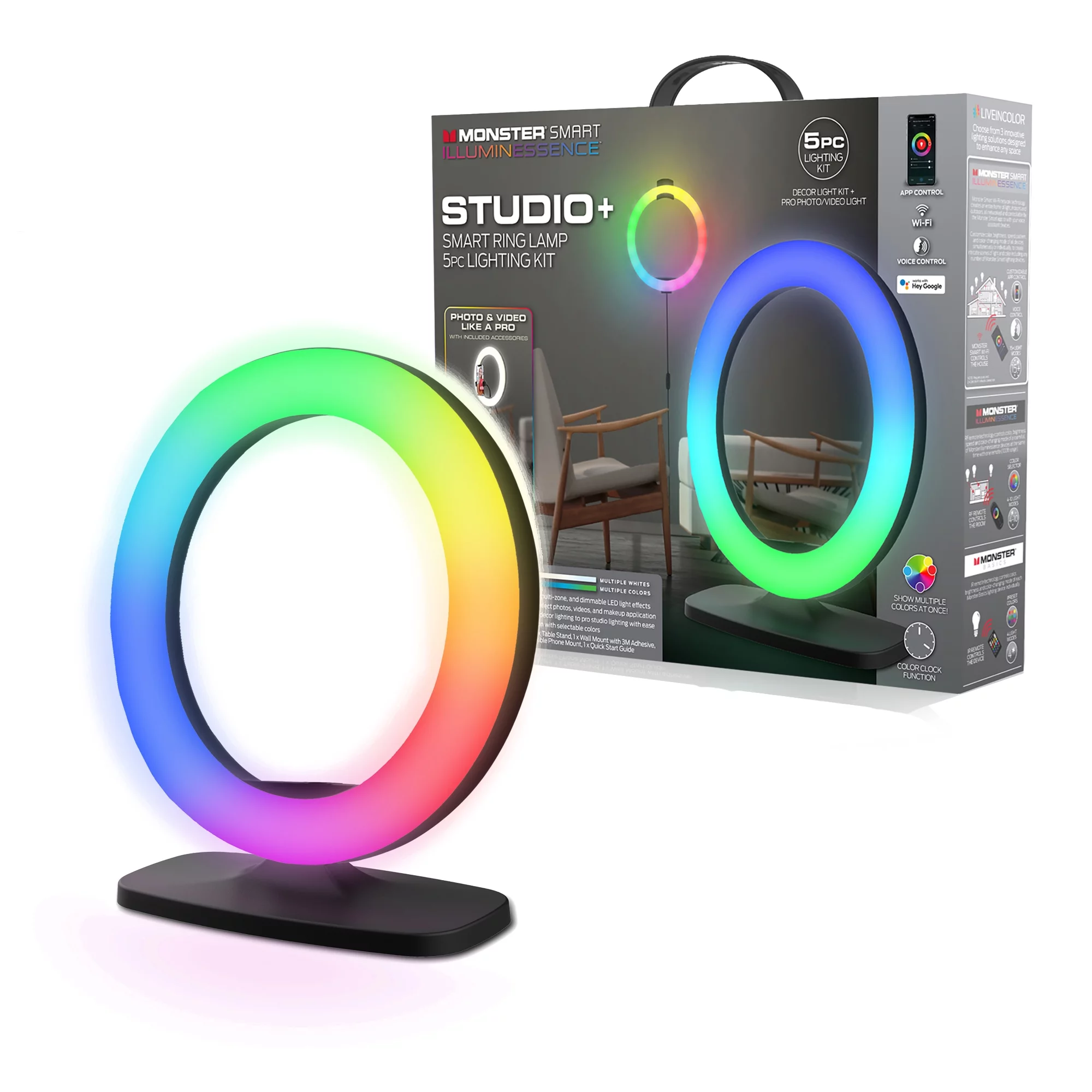 Monster LED Smart Studio Plus Ring Lamp and Vlogging Light Kit, Includes Tripod Stand/Mount